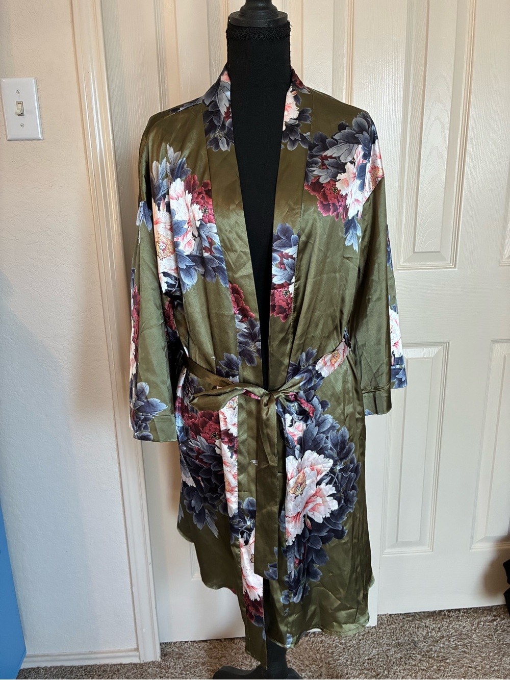 Olive Green Floral Satin Robe with Belt